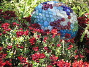 mum and glass sculpture, Lake Lure Flowering Bridge